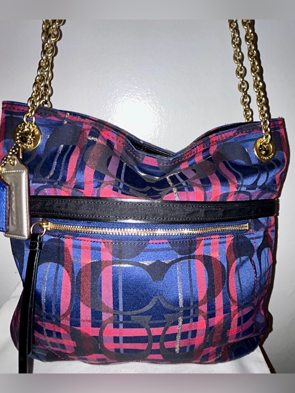 COACH Poppy Tartan Signature Navy/Pink Plaid Shoulder Bag:Snap Chain Tote